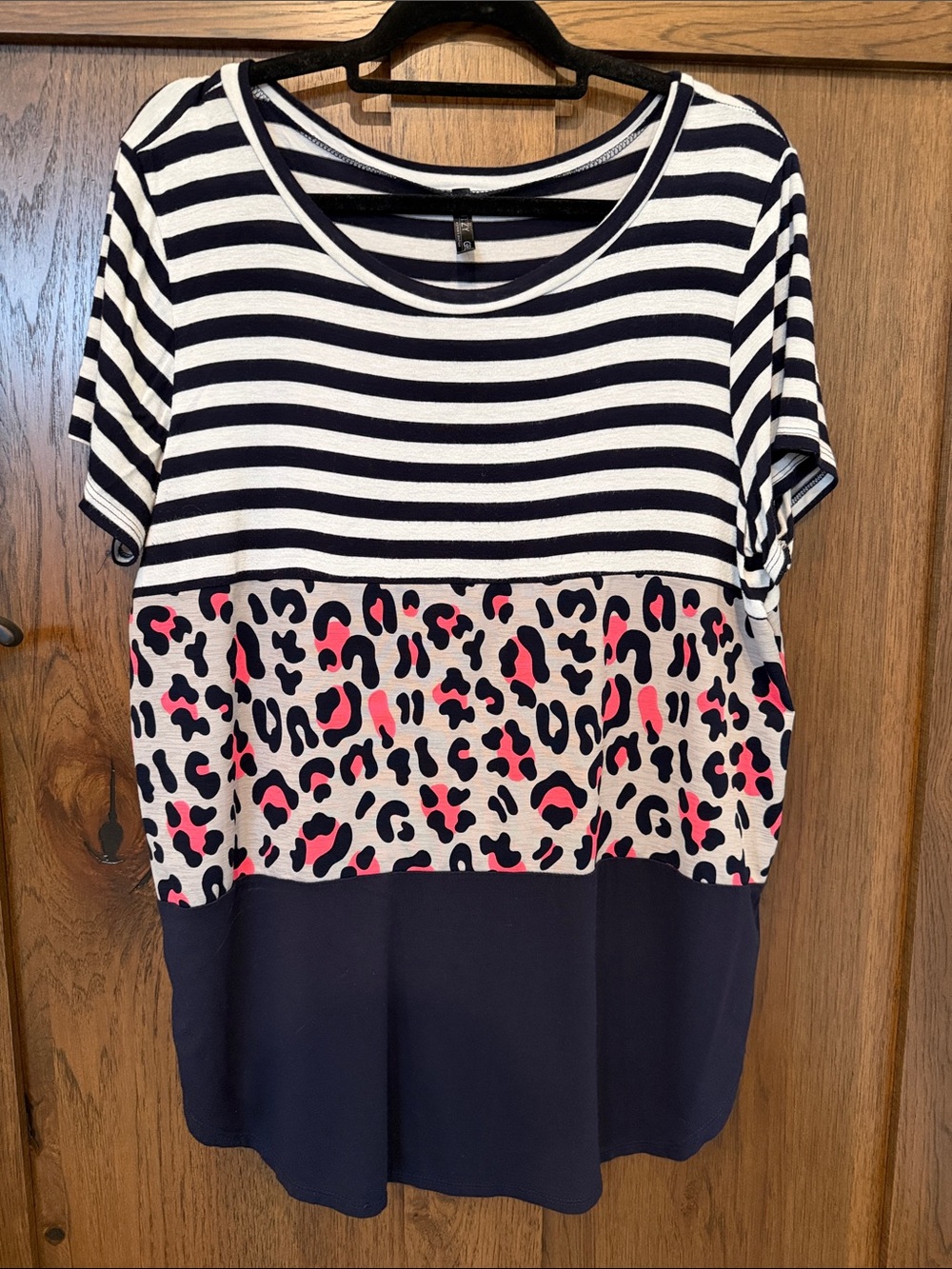 Striped & Leopard Colorblock Short-Sleeve Blouse in Navy, White & Pink